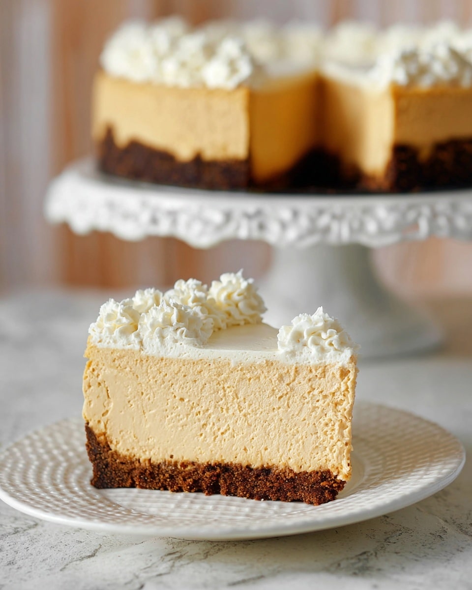 A close-up of a three-layer dessert with a dark brown crumbly base, a thick middle layer of light tan mousse with a fluffy texture, and a top layer of white whipped cream piped in small dollops all over the surface, lightly sprinkled with tiny bits of spice or cocoa. The dessert is on a round metal plate, placed on a white marbled textured surface. photo taken with an iphone --ar 4:5 --v 7