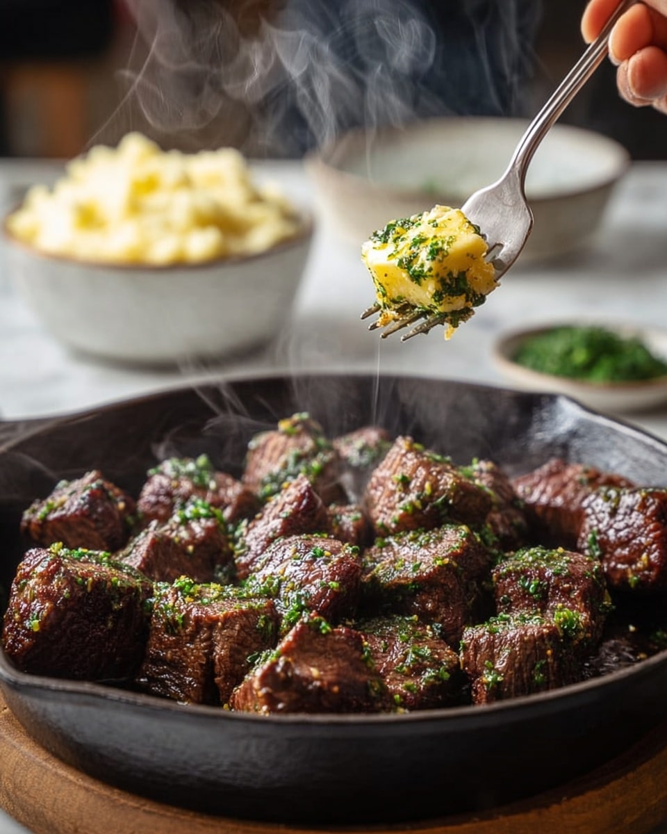 The image shows a black cast iron pan filled with large, juicy chunks of browned steak, each piece sprinkled with chopped green herbs. Above the pan, a silver fork held by a woman's hand lifts a piece of yellow butter topped with green herbs, with steam rising from it. In the blurred background, there are two white bowls: one containing mashed potatoes and the other with more green herbs. The scene is set on a white marbled texture. photo taken with an iphone --ar 4:5 --v 7