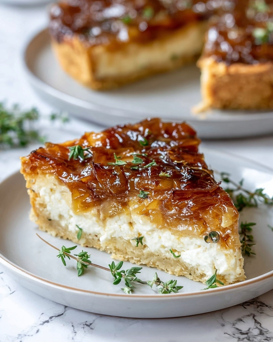 A slice of savory pie with three visible layers is shown on a white plate resting on a white marbled surface. The top layer is a glossy, caramelized brown onion layer with a slightly sticky texture and some small green herb leaves scattered on it. The middle layer is a thick, creamy white cheese filling that looks soft and rich. The bottom layer is a firm, light golden crust that supports the slice well. Additional green herb sprigs are placed on the plate around the slice, adding freshness to the scene. In the background, the rest of the whole pie can be seen on another white plate. Photo taken with an iphone --ar 4:5 --v 7