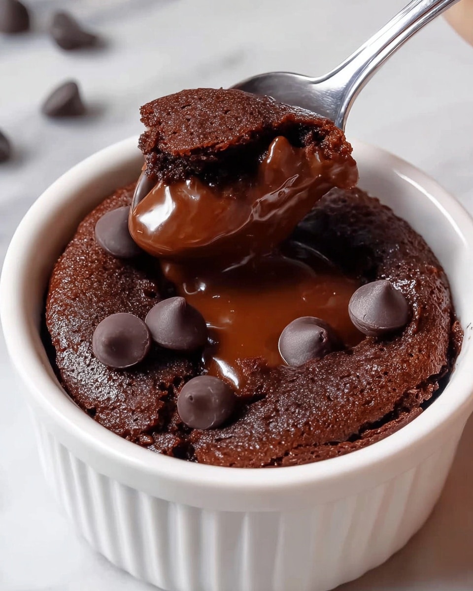A white ramekin filled with a rich dark brown chocolate lava cake that is cracked open slightly in the middle, revealing a smooth, glossy, melted chocolate center. On top of the cake, there are several round, shiny chocolate chips scattered. A silver spoon held by a woman's hand is scooping a thick, gooey portion of the warm cake and melted center. The ramekin is placed on a white marbled surface, enhancing the deep brown color of the chocolate dessert. photo taken with an iphone --ar 4:5 --v 7