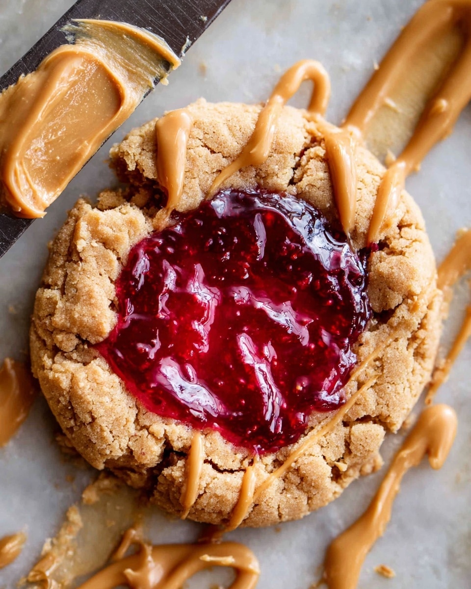 A large cookie with a rough, crumbly light brown base serves as the bottom layer. In the center, there is a thick, glossy, bright red jam filling that has a slightly shiny, almost gel-like texture. On top of the cookie, some creamy light brown peanut butter is drizzled in thin lines across one side, adding contrast to the red jam. The cookie rests on a white marbled surface, with some dollops and smears of the peanut butter around it. A metal knife with peanut butter on its blade lies near the top left corner of the cookie. Photo taken with an iphone --ar 4:5 --v 7