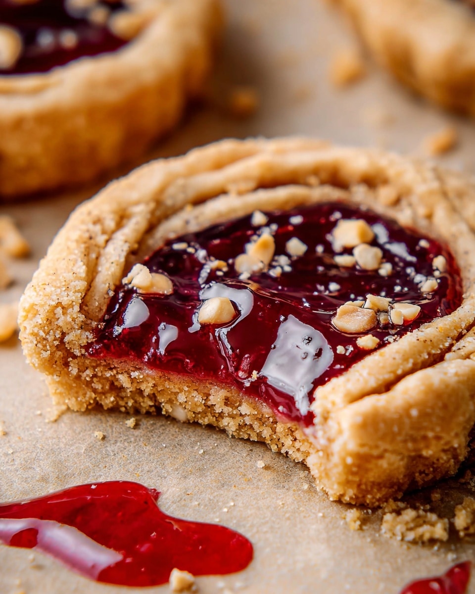 The image shows a close-up of a small tart with three distinct layers. The bottom layer is a thick, golden-brown crumbly crust with a coarse texture. The middle layer is a glossy, deep red jelly or jam that fills the tart, showing a smooth and shiny surface. The jam has a few small pieces of nuts sprinkled on top, adding a bit of texture contrast. The crust edge is slightly folded over the jam, giving a rustic look. The tart is placed on a light beige parchment paper with a small smear of the red jelly and some scattered nut pieces nearby. Photo taken with an iphone --ar 4:5 --v 7