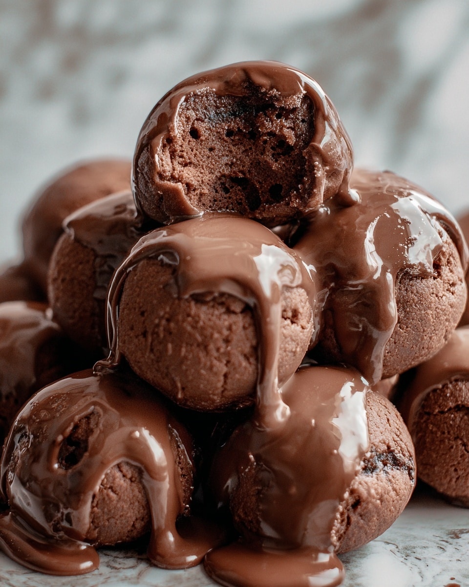 The image shows a close-up of several round chocolate dough balls stacked in a pile. Each ball has a rough, crumbly texture with some slight cracks, and they are coated with a smooth, glossy layer of melted chocolate sauce dripping over the tops and sides. The top dough ball is broken open slightly, revealing a soft, dense interior that matches the dark brown color of the outside. The background features a white marbled texture that softly contrasts with the rich chocolate tones. photo taken with an iphone --ar 4:5 --v 7