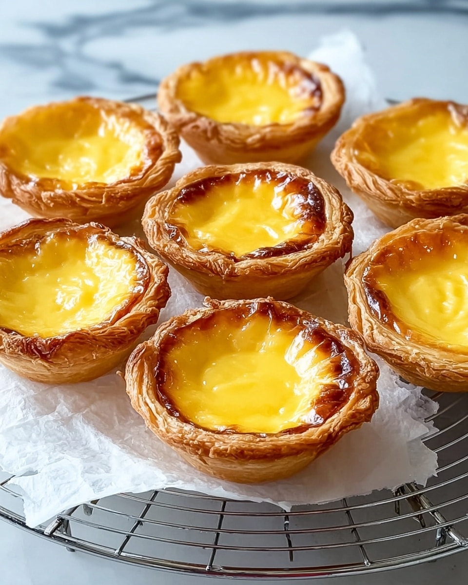 Seven egg tarts are resting on a round silver cooling rack lined with white parchment paper. Each tart has a golden, flaky crust with visible layered texture, curling slightly at the edges, holding a smooth, glossy yellow custard filling that has a slightly browned top edge from baking. The tarts are arranged closely together in no special pattern, and the background consists of a white marbled texture. The image is softly lit, highlighting the shiny surface of the custard and the crisp texture of the crust. Photo taken with an iphone --ar 4:5 --v 7