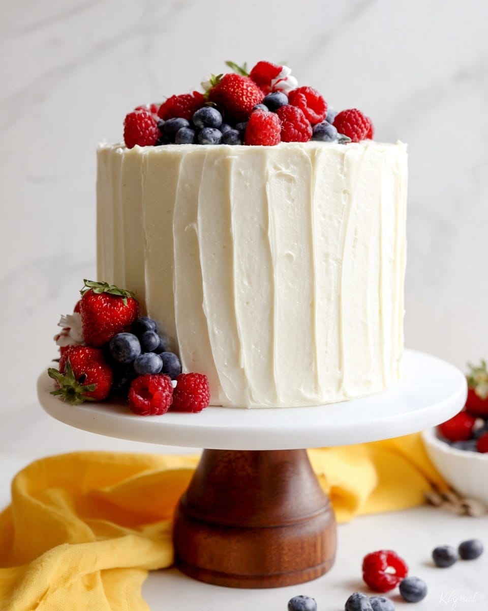 The image shows a tall, round cake with smooth white frosting that has soft, vertical swirled lines all around it. The cake has three layers, all covered evenly in the creamy white frosting. On top of the cake, there is a mix of fresh red raspberries, strawberries, and dark blue blueberries, arranged in a small pile. At the base on one side, a small cluster of the same berries leans against the cake. The cake sits on a white cake stand with a wooden pedestal, and the background is a clean white marbled texture. A yellow cloth is casually placed near the stand, adding a pop of color. Photo taken with an iphone --ar 4:5 --v 7