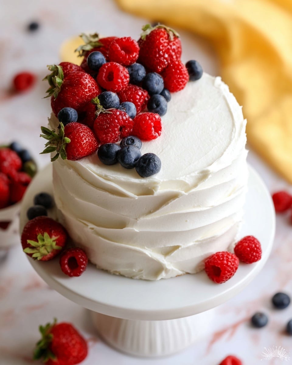 A small, round cake with three visible layers covered in smooth white whipped cream frosting with soft, wavy textures on the sides. The top of the cake is decorated with a mix of fresh red strawberries cut in half, whole red raspberries, and dark blue blueberries, arranged mainly on one side in a clustered pattern. A few berries are placed at the cake's base on the white cake stand, which sits on a white marbled surface with scattered berries around. The background is softly blurred with hints of more berries and a yellow cloth nearby. Photo taken with an iphone --ar 4:5 --v 7
