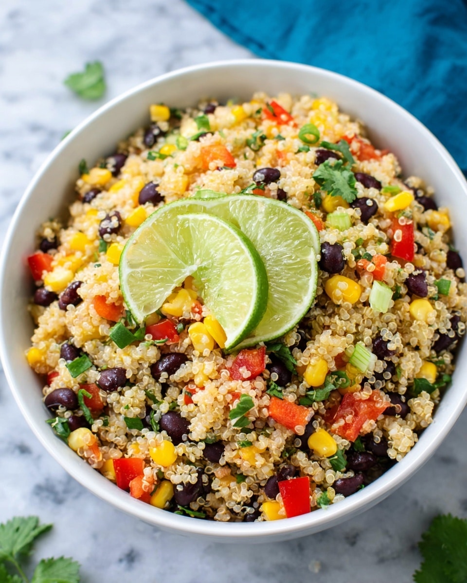 A white bowl filled with a colorful quinoa salad, showing a base layer of fluffy, light beige quinoa grains mixed with bright yellow corn kernels and small black beans scattered throughout. Diced red bell peppers add pops of vibrant red, and finely chopped green onions and leafy cilantro are sprinkled evenly across the salad. Two lime wedges with a fresh green color rest on top, positioned near the center. The bowl sits on a white marbled surface, and a blue cloth is blurred in the background. Photo taken with an iphone --ar 4:5 --v 7
