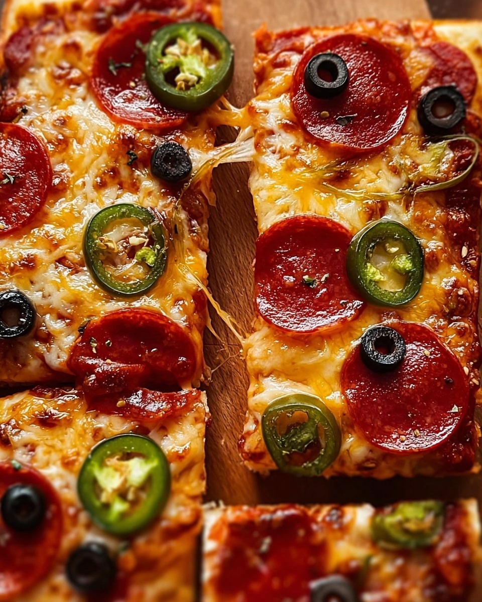 The image shows a close-up of two rectangular pizza slices side by side on a wooden board. Each slice has a golden brown crust at the edges and a thick, bubbling layer of melted cheese that stretches between the slices. On top, there are bright red round pepperoni slices scattered evenly, with some small pieces of green jalapeño pepper rings placed in a few spots. Small black olive pieces dot the surface, adding contrast to the warm colors. The cheese looks gooey with a shiny, slightly browned texture, creating an inviting, cheesy layer just under the toppings. photo taken with an iphone --ar 4:5 --v 7