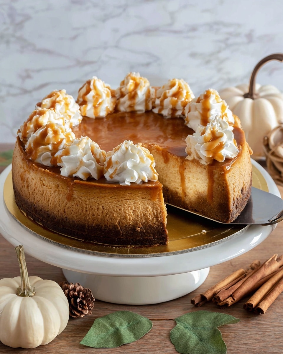 A two-layer round cheesecake sits on a white cake stand with a golden base layer; the bottom layer is dark brown and dense, the top layer is light brown and creamy. The top edge is decorated with eight white swirls of whipped cream, each drizzled with caramel sauce. One large slice is cut out, showing the thick texture of both layers. A metal spatula rests on the cake stand underneath the cake. The scene includes a small white pumpkin, cinnamon sticks, a pine cone, and green leaves on a wooden surface with a white marbled background. Photo taken with an iphone --ar 4:5 --v 7