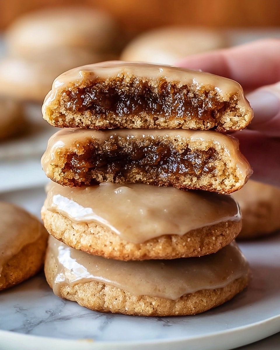 A stack of three round cookies sits on a white plate, topped with a thick, shiny beige glaze. The top cookie is bitten in half, showing a dense, dark brown, sticky filling inside. Each cookie has a light golden-brown color with a slightly crumbly texture around the edges and a smooth, glossy glaze on top. The white plate is placed on a white marbled surface, and a woman’s hand is partially visible holding the top cookie. The background is softly blurred with warm tones. photo taken with an iphone --ar 4:5 --v 7