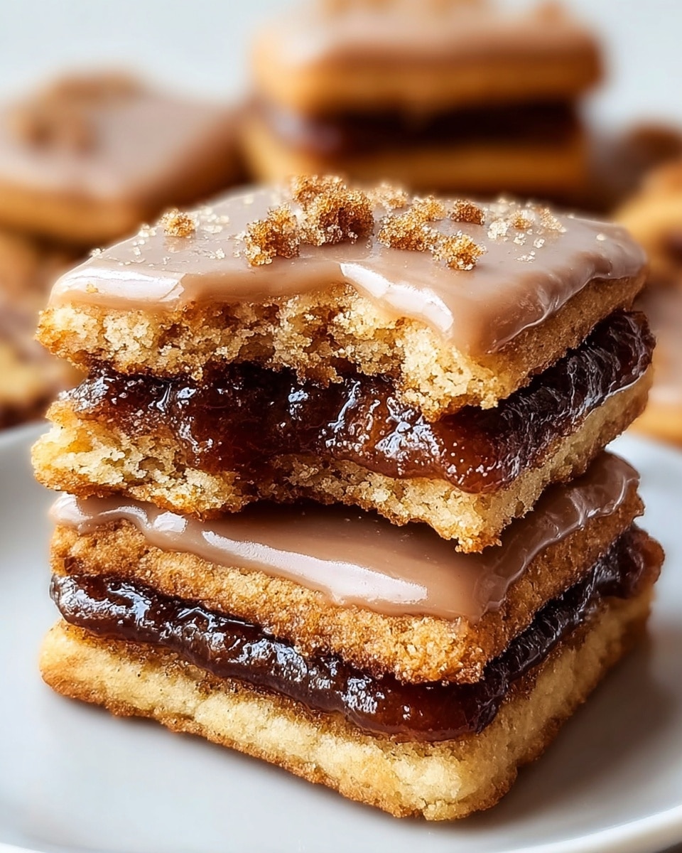 A close-up shot shows a stack of two square cookies with three layers each: the top and bottom layers are golden brown, soft-looking cookies with a slightly crumbly texture, and the middle layer is a thick, glossy dark brown filling that appears sticky and rich. The top cookie is partially bitten, revealing the gooey filling inside. Both cookies are topped with a smooth, shiny light brown glaze that has some small darker brown crumbs sprinkled on top. The cookies rest on a white plate, set against a white marbled background. Photo taken with an iphone --ar 4:5 --v 7