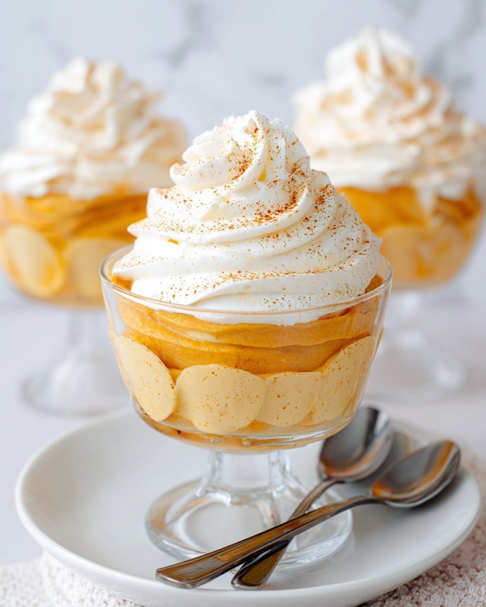 The dessert is served in a clear glass cup with a short stem and scalloped edges. It has two main layers: the bottom and middle layer is a smooth, light orange pumpkin mousse with a slightly speckled texture, and the top layer is a thick swirl of creamy white whipped topping with a light dusting of cinnamon or spice. The dessert cup rests on a white plate with two silver spoons next to it. The background is a soft white marbled texture, and there are three more of the same desserts blurred in the background. Photo taken with an iphone --ar 4:5 --v 7