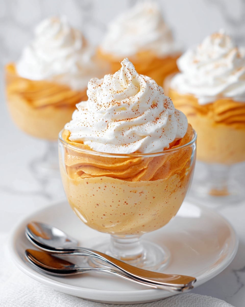 The image shows a clear glass dessert cup filled with layered pumpkin mousse. The bottom layer is a smooth, light orange mousse with small specks, the middle layer is piped darker orange mousse with a soft, swirled texture, and the top layer is a thick swirl of white whipped cream dusted lightly with brown spice. The cup sits on a white plate with two silver spoons placed on the plate next to it. The background is a white marbled texture with more similar dessert cups blurred in the back. Photo taken with an iphone --ar 4:5 --v 7