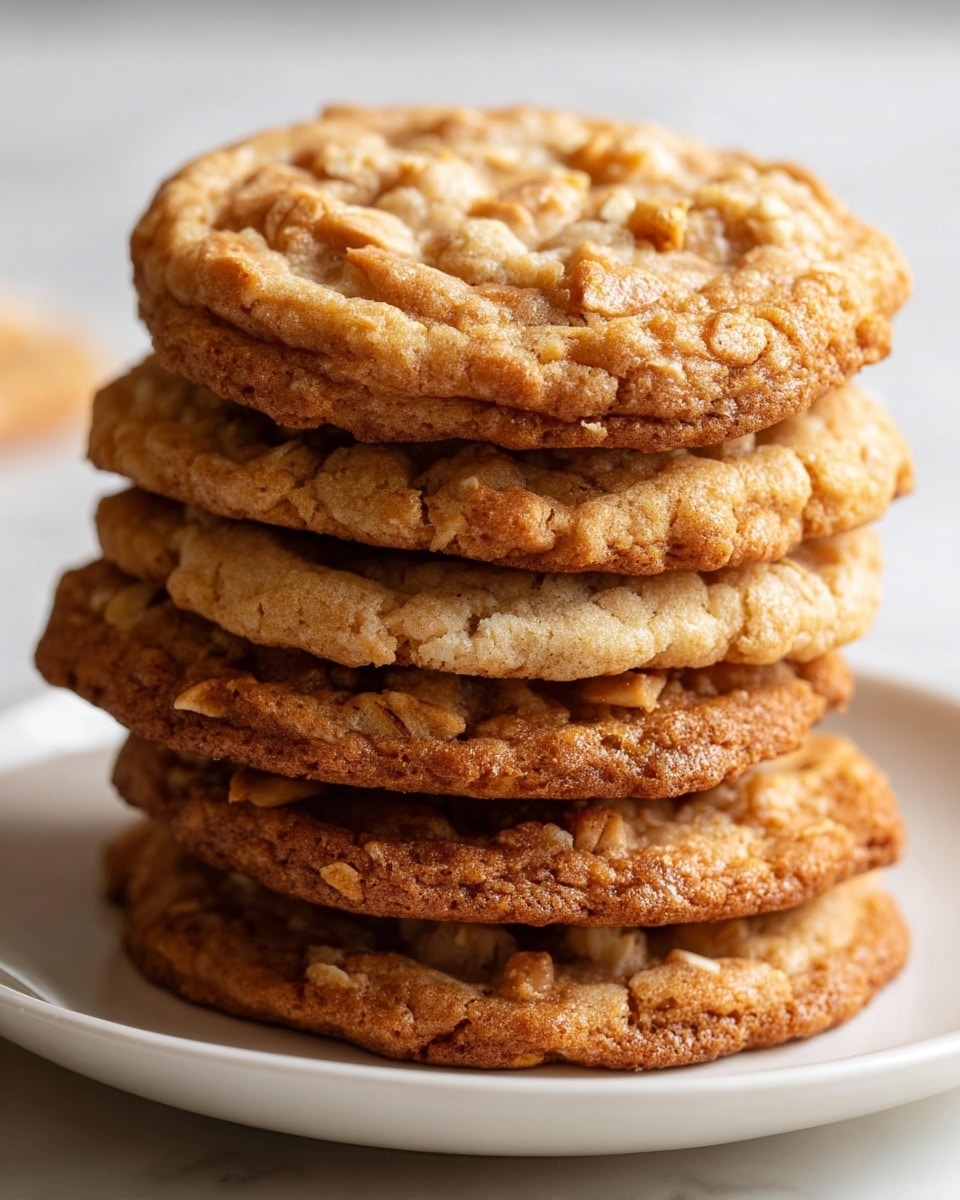 A close-up view of a stack of six soft cookies on a white plate, each cookie showing a slight golden-brown color with visible oat flakes and small nut pieces giving texture. The cookies have slightly cracked surfaces and a chewy look with a mix of lighter beige and darker caramel tones. The background is a soft white marbled texture, out of focus, making the cookies the clear subject. photo taken with an iphone --ar 4:5 --v 7
