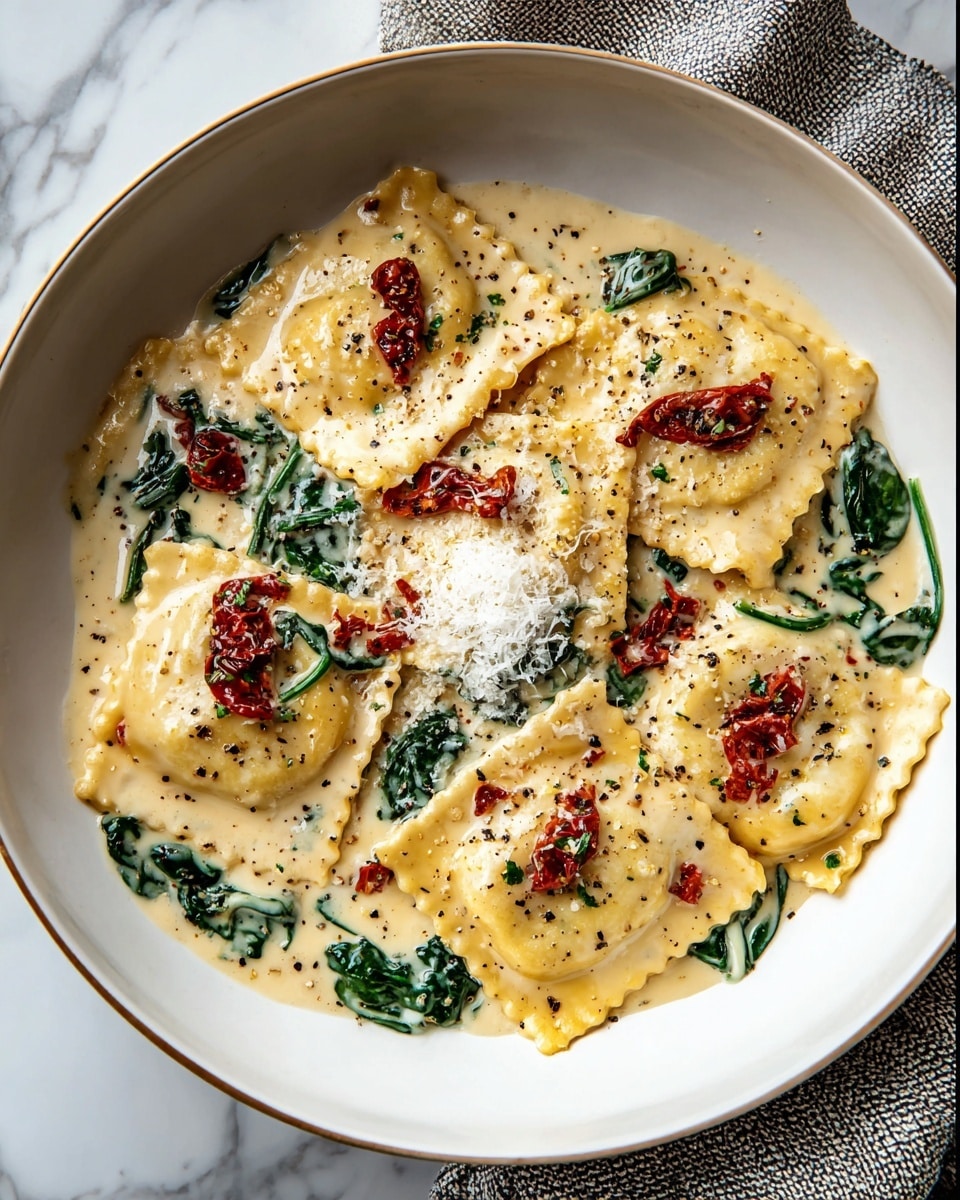 A white bowl filled with large square ravioli coated in a creamy off-white sauce, scattered with wilted dark green spinach leaves. On top of the ravioli are small, thin pieces of dark red sun-dried tomatoes and a sprinkle of finely grated white cheese forming a small mound at the center. The dish is finished with a light dusting of crushed black pepper spread evenly across the ravioli and sauce. The bowl rests on a white marbled surface with a textured gray cloth partially visible in the corner. photo taken with an iphone --ar 4:5 --v 7