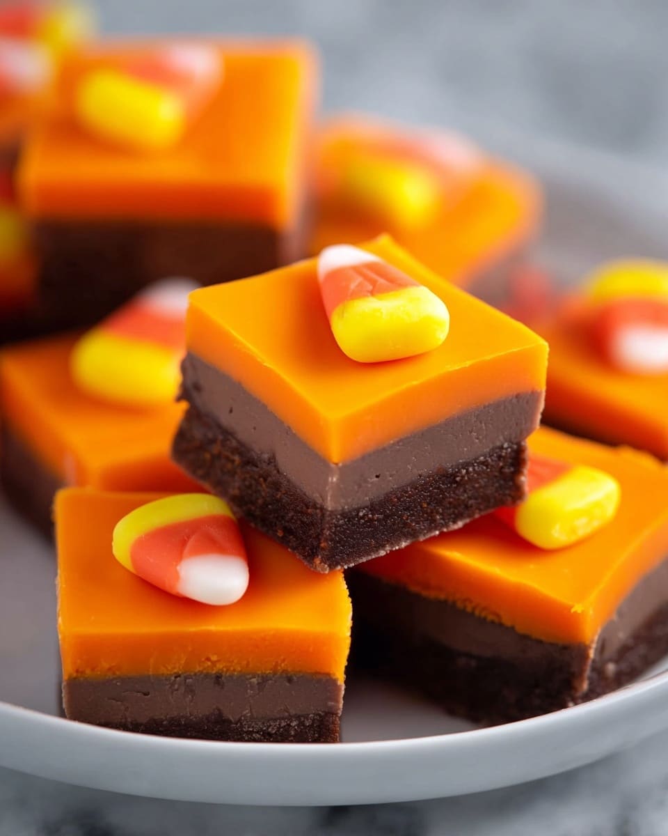 The image shows a stack of square-shaped, two-layered candies in a white bowl on a white marbled surface. The bottom layer is thick and dark brown with a smooth, slightly shiny texture, while the top layer is bright orange with a matte finish. Each candy piece is topped with a small candy corn featuring three colors: yellow at the base, orange in the middle, and white at the tip. The candies are closely packed, with a few more blurred in the background, creating a warm and festive look. Photo taken with an iphone --ar 4:5 --v 7