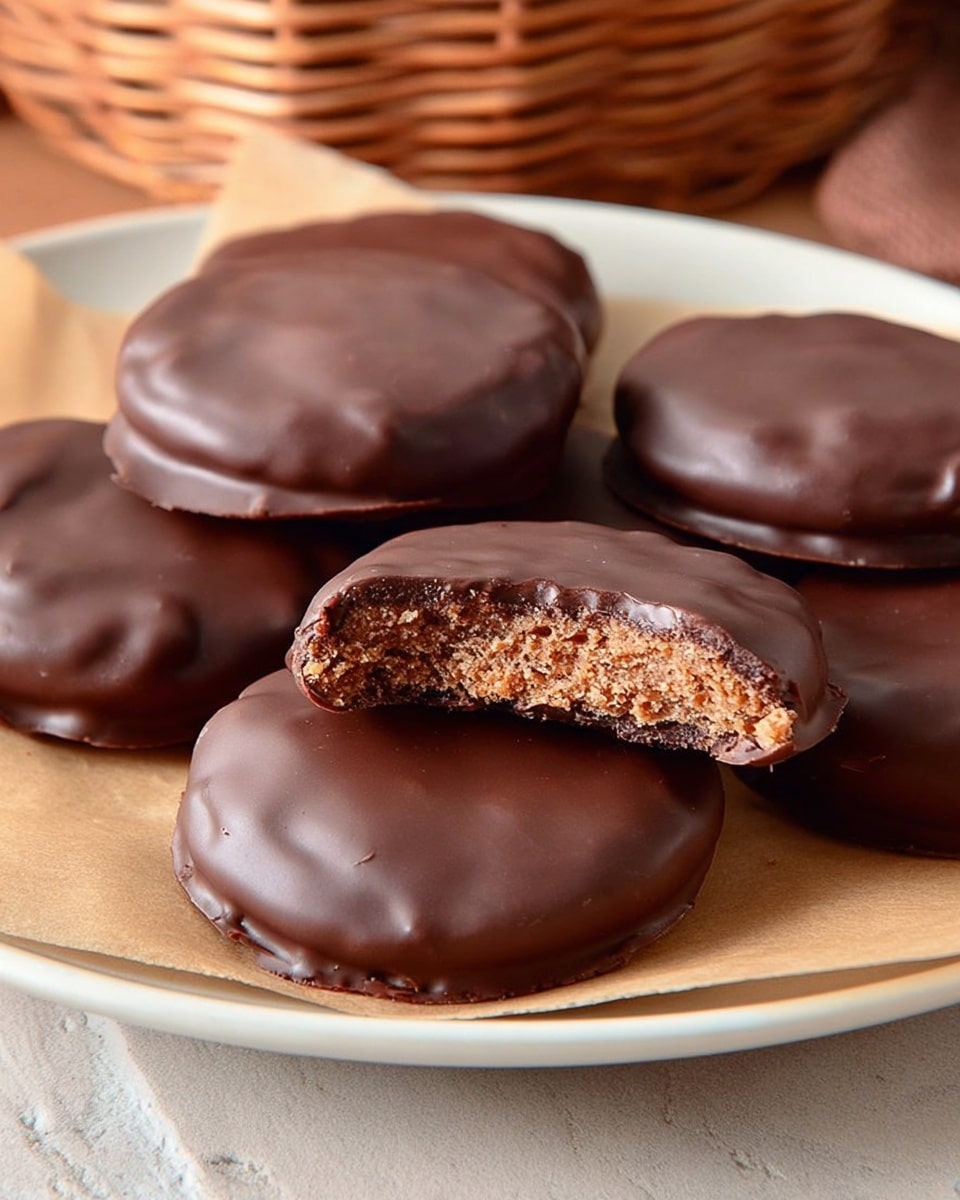 The image shows several round chocolate-covered treats placed on parchment paper on a white plate. Each treat has a smooth, dark brown, glossy chocolate coating on top and bottom. The treat in the middle is bitten once, revealing a dense, crumbly light brown filling inside. The chocolate layer appears thin and shiny, while the filling looks slightly grainy and rich. The white marbled surface beneath the plate and a wicker basket in the background add a warm touch to the setting. photo taken with an iphone --ar 4:5 --v 7