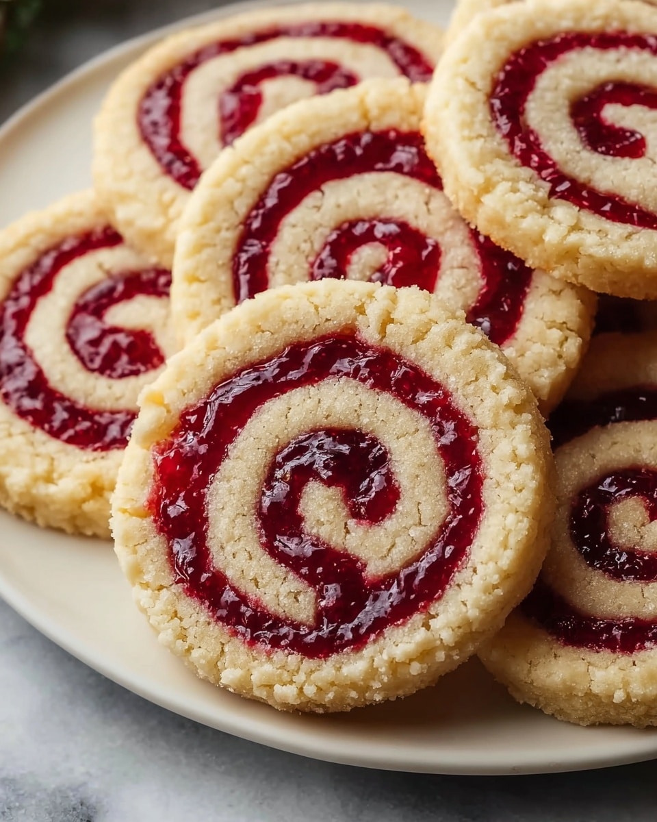 The image shows round cookies with a visible spiral pattern. Each cookie has a pale, crumbly dough base layer with a rough edge, and a deep red jam or jelly layer forming a tight spiral on top from the center to the edge. The cookies are closely placed together on a white plate that sits on a white marbled surface, enhancing the cookies' creamy and red contrast. Photo taken with an iphone --ar 4:5 --v 7