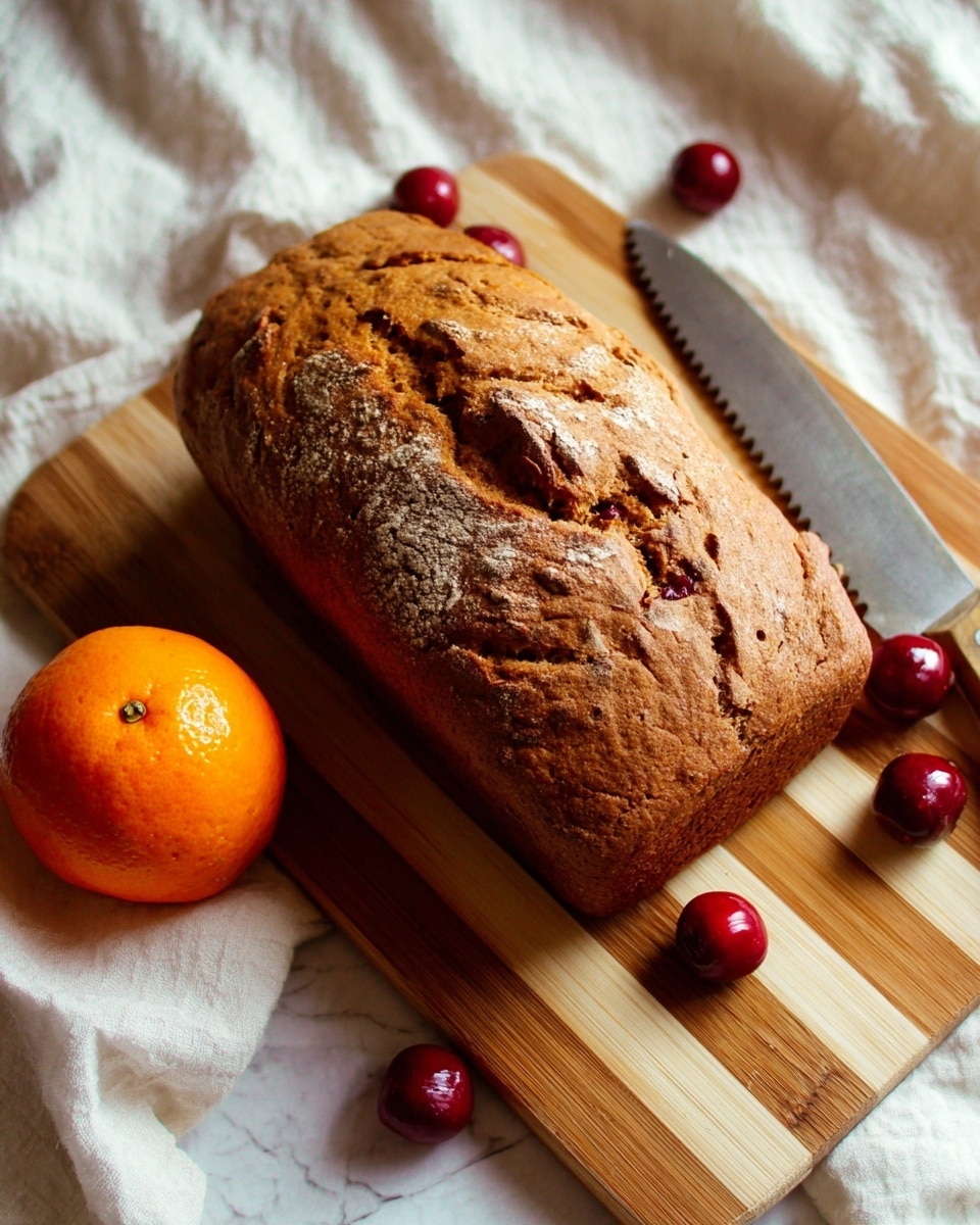 A golden brown loaf of bread with a cracked, textured top sits on a wooden cutting board with light and dark striped wood tones. Next to the loaf is a whole bright orange orange and several small, glossy red cherries scattered nearby. A serrated knife with a grey blade lies partially under the orange. The setting is on a white marbled texture surface with soft white fabric slightly visible around the edges. photo taken with an iphone --ar 4:5 --v 7