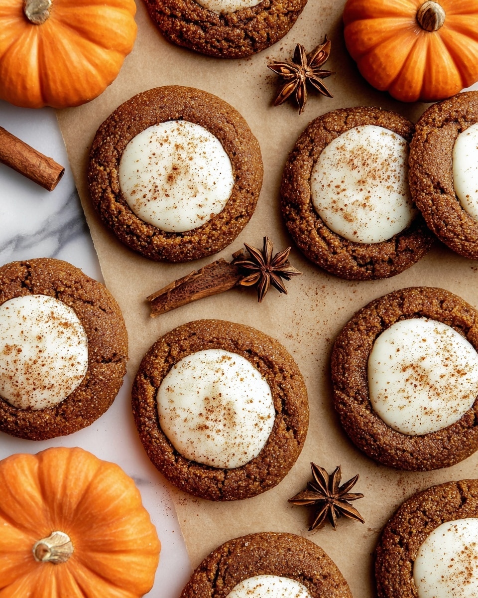 The image shows several round brown cookies with a crumbly texture, each cookie having a smooth white cream circle in the center, lightly sprinkled with brown spice powder. The cookies are laid flat on light brown parchment paper over a white marbled surface. Around the cookies, there are a few whole star anise spices, cinnamon sticks, and small orange pumpkins, adding to the warm autumn feel. The cookies are arranged closely but not overlapping, filling the frame. Photo taken with an iphone --ar 4:5 --v 7