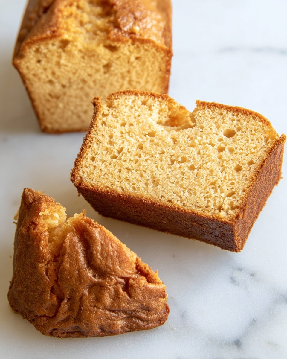 The image shows two slices of light golden brown cake with a soft, airy texture and small holes on a white marbled surface. The cake slices are thick and have an uneven top crust that is slightly darker brown. One slice is positioned leaning against the other, revealing the crumb inside that looks moist and sponge-like. In front of the slices, a larger piece of cake with a wrinkled, darker brown top is partially visible, showing a smooth contrast to the crumb inside. photo taken with an iphone --ar 4:5 --v 7