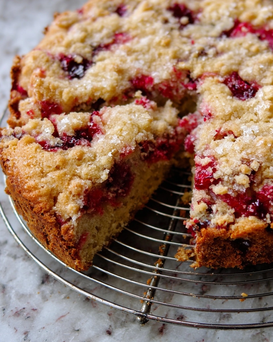 A close-up image of a round, cracked cake showing multiple layers with a rough, crumbly light beige crust on top spotted with bright red fruit pieces embedded within, mainly cranberries. The cake interior is moist and dense with visible dark red fruit filling concentrated mostly near the sides and center. The cake sits on a metal cooling rack, which is placed on a white marbled textured surface. The cake has cracks and uneven surfaces that reveal juicy red fruit layers underneath. photo taken with an iphone --ar 4:5 --v 7