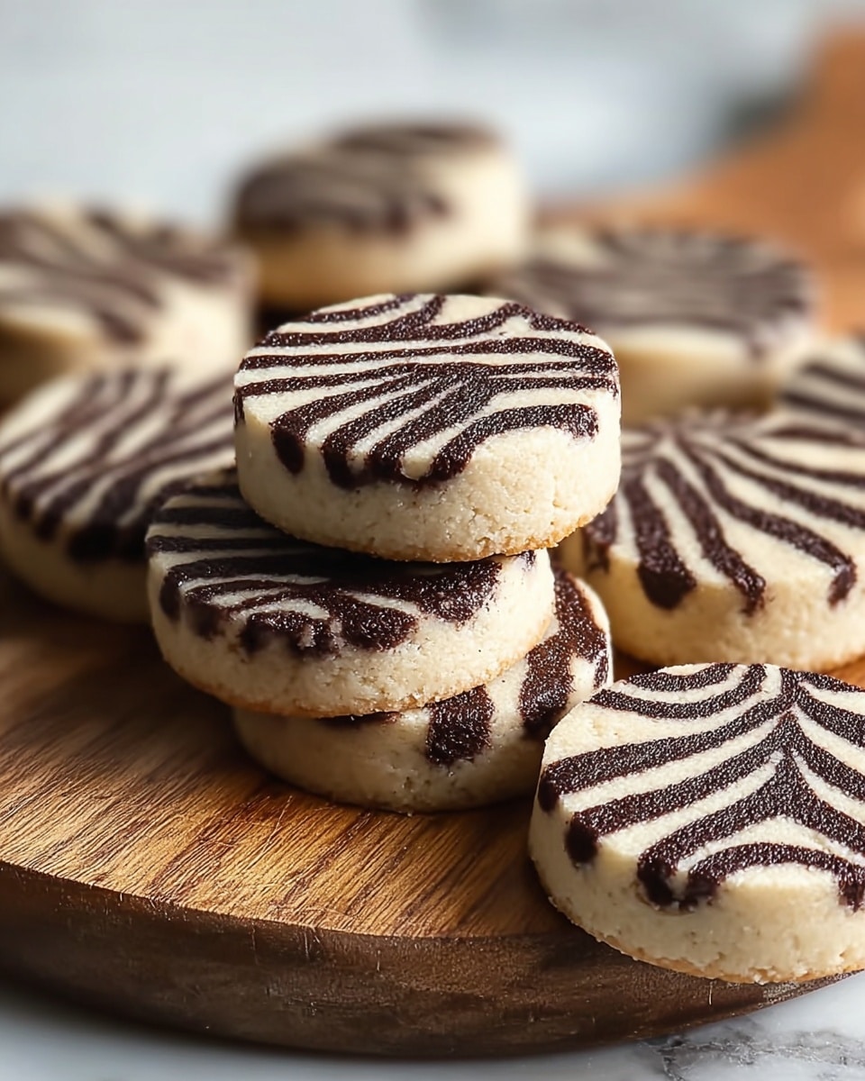 The image shows several round cookies with a smooth, creamy base layer that is light beige in color, topped with dark brown zebra-like stripes evenly spread across the surface. The cookies are stacked and scattered on a wooden board with a natural grain texture, placed on a white marbled textured counter. The close-up view highlights the soft, crumbly texture of the cookie base and the slightly rough texture of the dark stripes, creating a striking contrast. Photo taken with an iphone --ar 4:5 --v 7