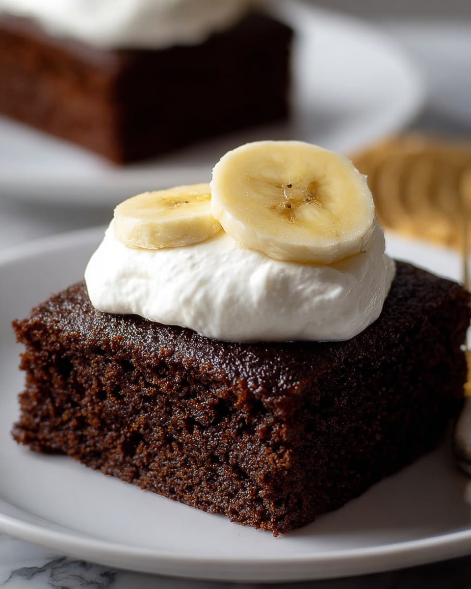 A square piece of dark brown chocolate cake with a moist, slightly crumbly texture sits on a white plate. The cake has one thick layer topped with a dollop of smooth white whipped cream, which holds two slices of light yellow banana with visible soft inner texture and faint brown spots near the core, all placed on top near the center. The background is softly blurred with another piece of cake visible on a white plate, all on a white marbled surface. photo taken with an iphone --ar 4:5 --v 7
