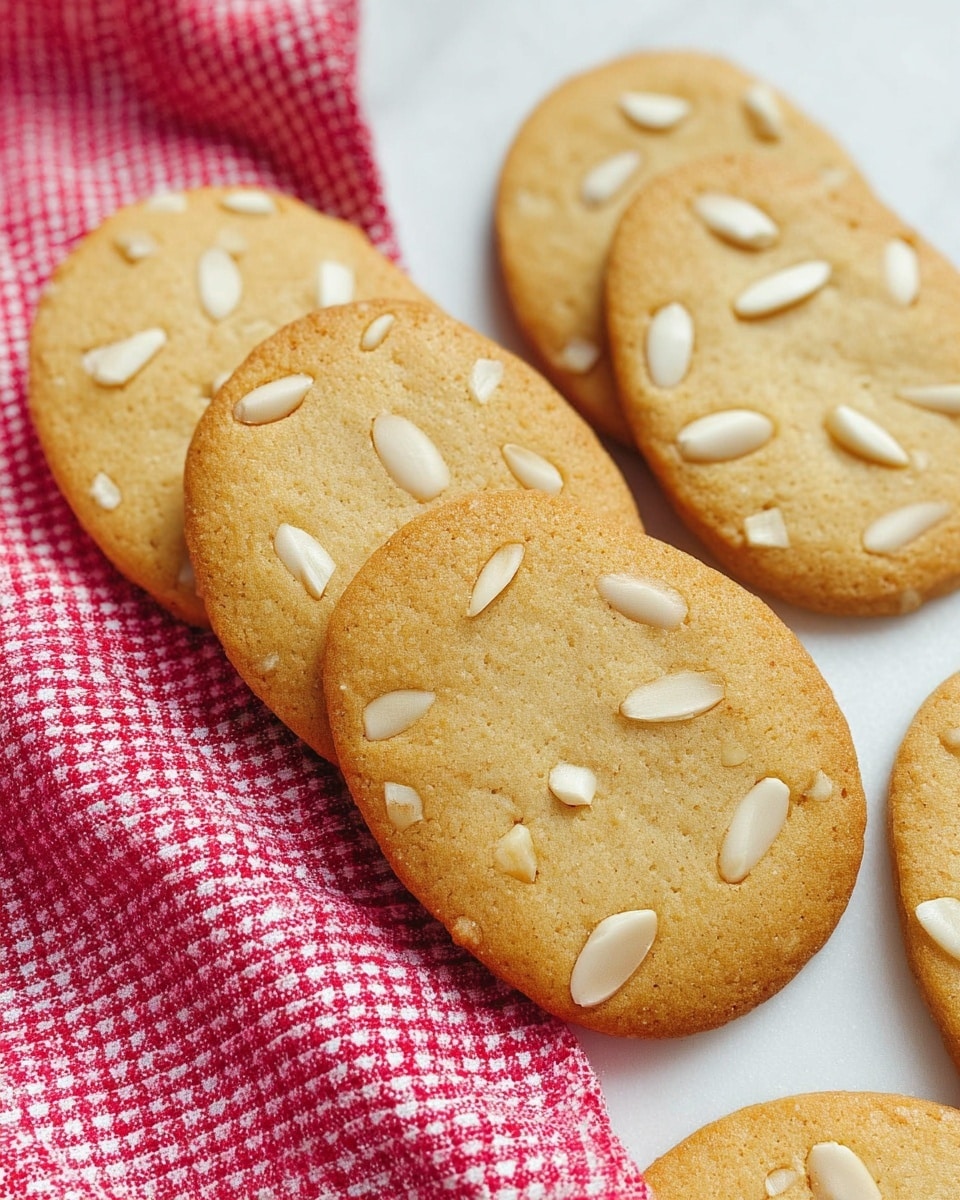A close-up of six oval-shaped cookies arranged in two rows, placed on a white marbled surface covered with a red and white checkered cloth. The cookies are light brown with a slightly darker edge and have small white almond pieces scattered inside the dough. The cookies have a smooth texture and appear thin and slightly soft. Photo taken with an iphone --ar 4:5 --v 7