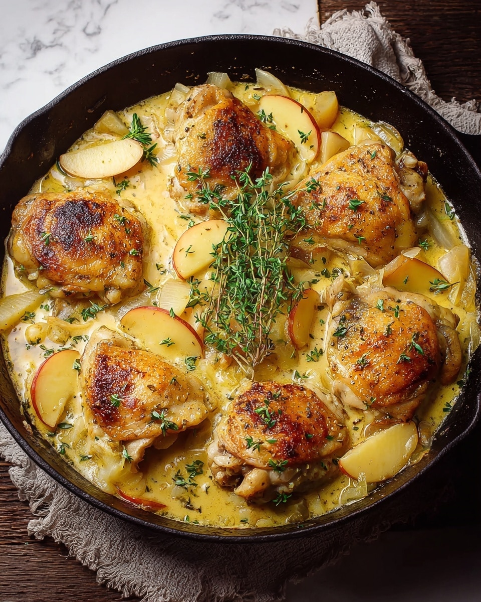 A black cast iron pan filled with six golden-brown chicken thighs arranged evenly around the pan, each thigh showing a crisp and slightly charred skin texture. The creamy sauce beneath them is light yellow with bits of finely chopped onions and herbs throughout. Mixed in the sauce are soft yellowish apple slices with red skin edges, adding color and texture contrast. Fresh green thyme sprigs rest on top of the chicken, creating a vibrant garnish. The pan sits on a textured cloth on a white marbled surface. photo taken with an iphone --ar 4:5 --v 7