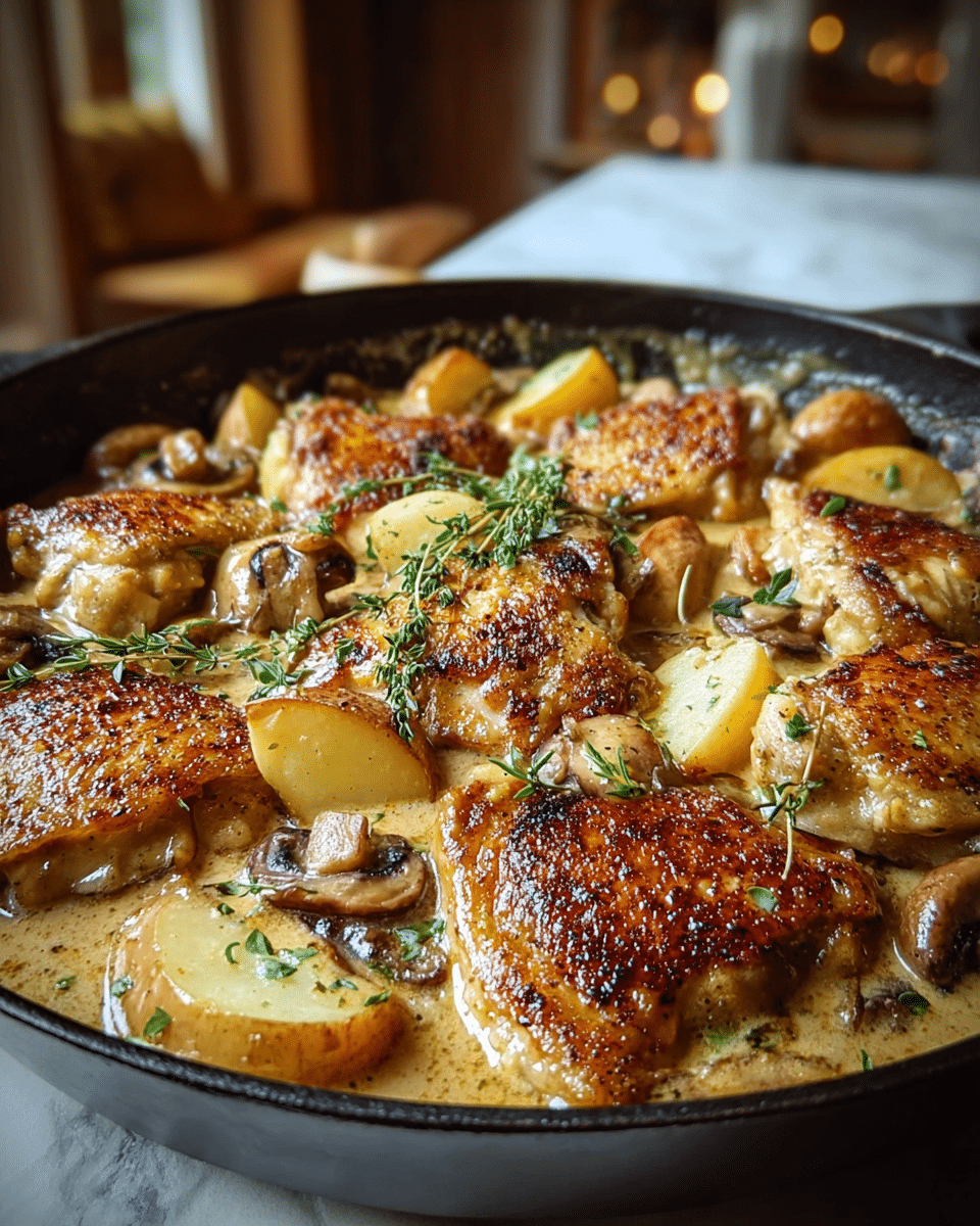 A black pan filled with golden brown chicken pieces arranged in a single layer, each piece showing crispy skin with a seasoned crust. Surrounding the chicken are creamy sauce puddles with visible herbs and spices, along with slices of soft golden potatoes and mushrooms. Some caramelized onion wedges and small sprigs of fresh green thyme rest on top, adding color contrast. The rich, creamy sauce partially covers the chicken and vegetables, creating a glossy look. The pan sits on a white marbled surface with a warm, cozy kitchen background blurred behind. photo taken with an iphone --ar 4:5 --v 7
