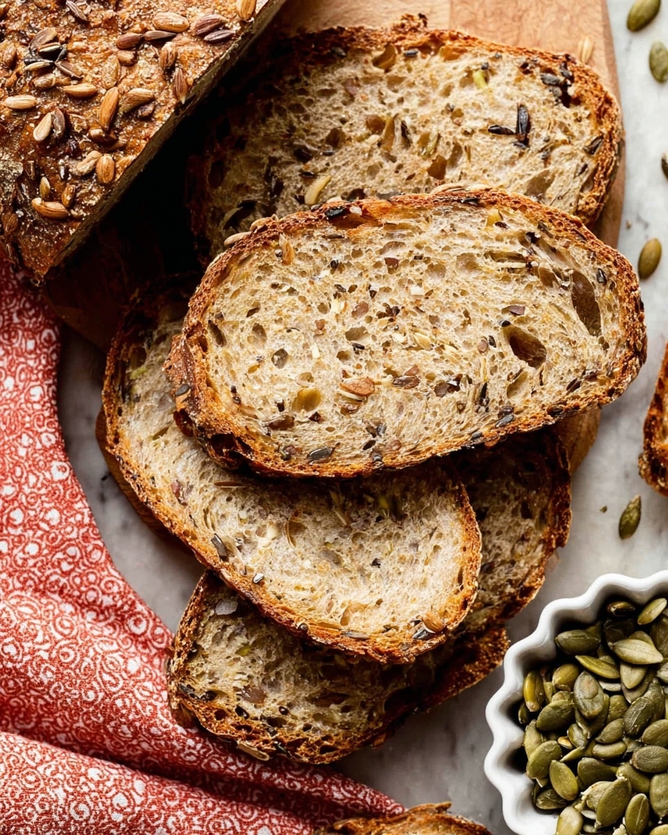 The image shows several slices of multigrain bread piled close together on a white marbled surface. The bread has a rustic, golden-brown crust with a rough texture covered in seeds, and the inside is soft with a light beige color filled with visible seeds like sunflower and flax seeds scattered throughout. To the side, there is a small white scalloped bowl filled with green pumpkin seeds resting on a red cloth napkin with white patterns. The overall setting gives a cozy, fresh-from-the-oven feel. photo taken with an iphone --ar 4:5 --v 7
