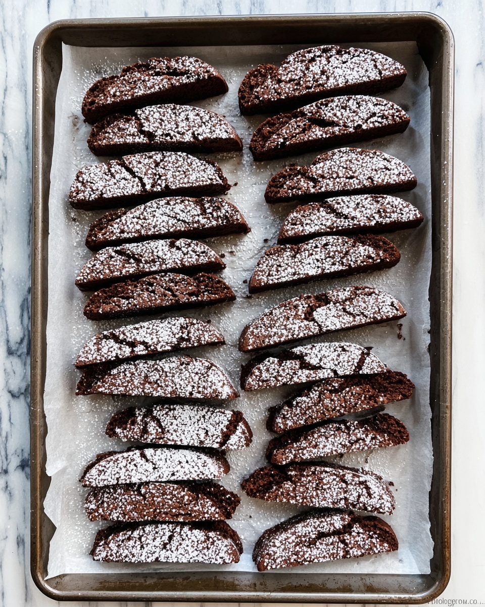 The image shows a baking tray lined with white parchment paper, filled with 25 pieces of rectangular chocolate biscotti arranged in four neat rows. Each biscotti piece is dark brown, dense, and slightly cracked on the surface, with a dusting of white powdered sugar evenly spread on top, creating a contrast. The biscotti have a rough textured appearance that suggests crunchiness, and some display small chocolate chips embedded within. The tray is placed on a white marbled surface, giving a clean and bright background to the baked goods. photo taken with an iphone --ar 4:5 --v 7