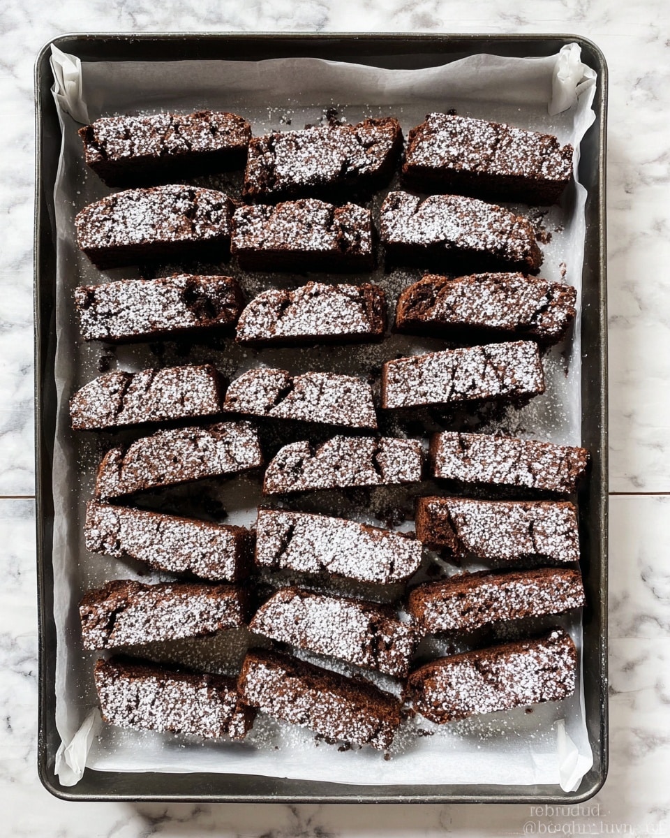 The image shows a baking tray lined with white parchment paper, filled with 25 pieces of chocolate biscotti arranged in neat rows. Each biscotti piece is long and curved, with a dark brown color and a rough, slightly cracked texture on top. The tops are lightly dusted with white powdered sugar, creating a contrast with the rich chocolate color. The edges of the biscotti appear firm and crunchy, while the inside looks dense and crumbly. The tray is set on a white marbled surface. Photo taken with an iphone --ar 4:5 --v 7