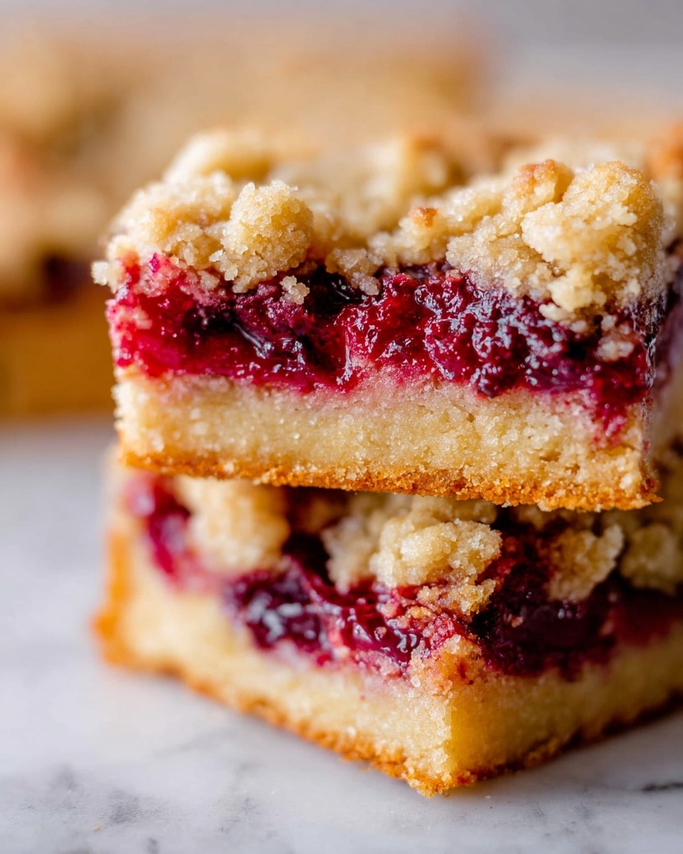 The image shows two thick, square slices of crumbly dessert stacked on a white marbled surface. Each slice has three visible layers: the top layer is a golden brown crumbly streusel with rough texture and small clusters; the middle layer is a deep red berry filling with visible whole berries and juices that look moist and slightly glossy; the bottom layer is a light golden, dense crust with a firm texture. The focus is sharp on the front slice showing crumb details and the juicy filling inside. Photo taken with an iphone --ar 4:5 --v 7