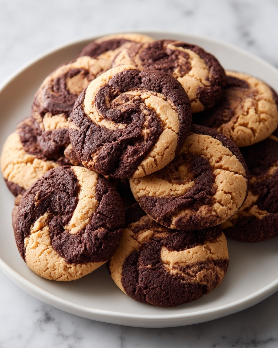 A white plate holds a pile of round swirl cookies, each with two main colors and textures: dark brown chocolate and light tan peanut butter. The cookies have a cracked, slightly rough surface, with the chocolate and peanut butter dough twisted together in a spiral pattern, creating a marbled look. The arrangement shows several cookies overlapping, filling the plate and emphasizing their soft, dense texture. The background is a white marbled surface, and the photo has a warm, close-up feel. photo taken with an iphone --ar 4:5 --v 7