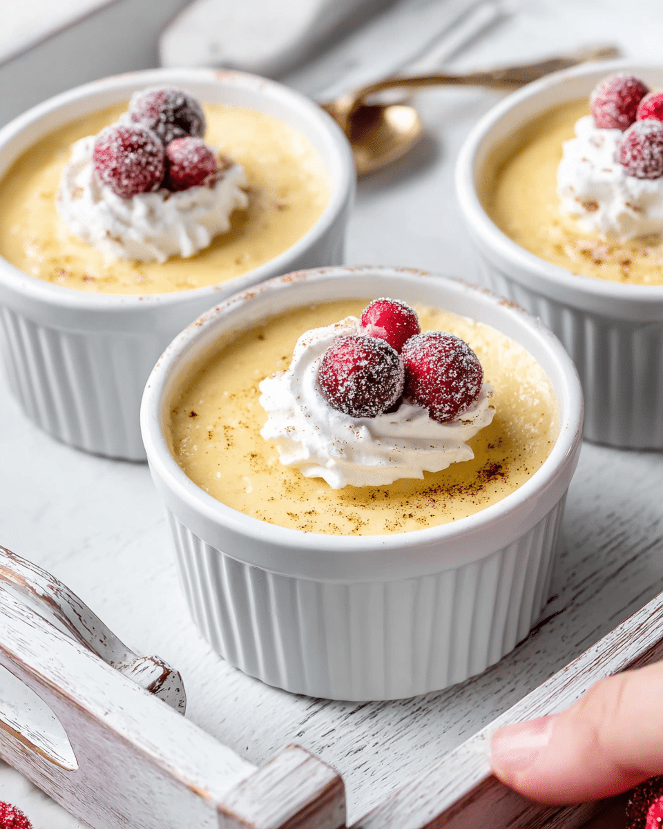 The image shows three white ramekins filled with smooth, creamy yellow pudding. Each pudding is topped with a small dollop of white whipped cream and two sugared red cranberries, adding texture and color contrast. The surface of the pudding has a few specks of brown, likely cinnamon or nutmeg, lightly sprinkled on top. The ramekins are placed on a white marbled tray that has a slightly weathered, rustic look. A woman's hand is reaching towards the tray, adding a subtle touch of human interaction to the scene. The setting is bright and clean, enhancing the fresh and inviting look of the desserts. photo taken with an iphone --ar 4:5 --v 7