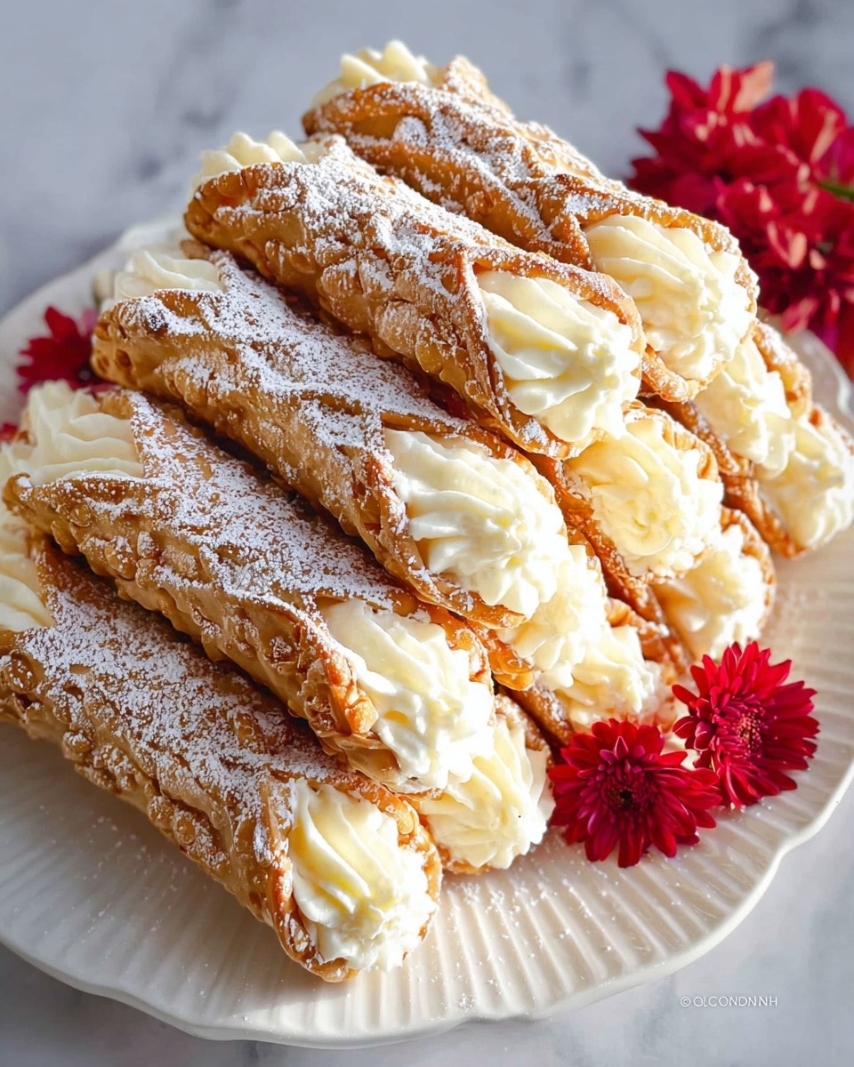 The image shows a stack of golden brown cannoli shells filled with creamy white ricotta filling piped on both ends, arranged neatly in layers on a white plate with a subtle raised edge design. Each cannoli has a crisp textured shell dusted lightly with powdered sugar. The creamy filling has a smooth texture with swirled ridges. Bright red flowers are placed near the bottom right corner of the plate, adding a splash of color against the white marbled background. photo taken with an iphone --ar 4:5 --v 7
