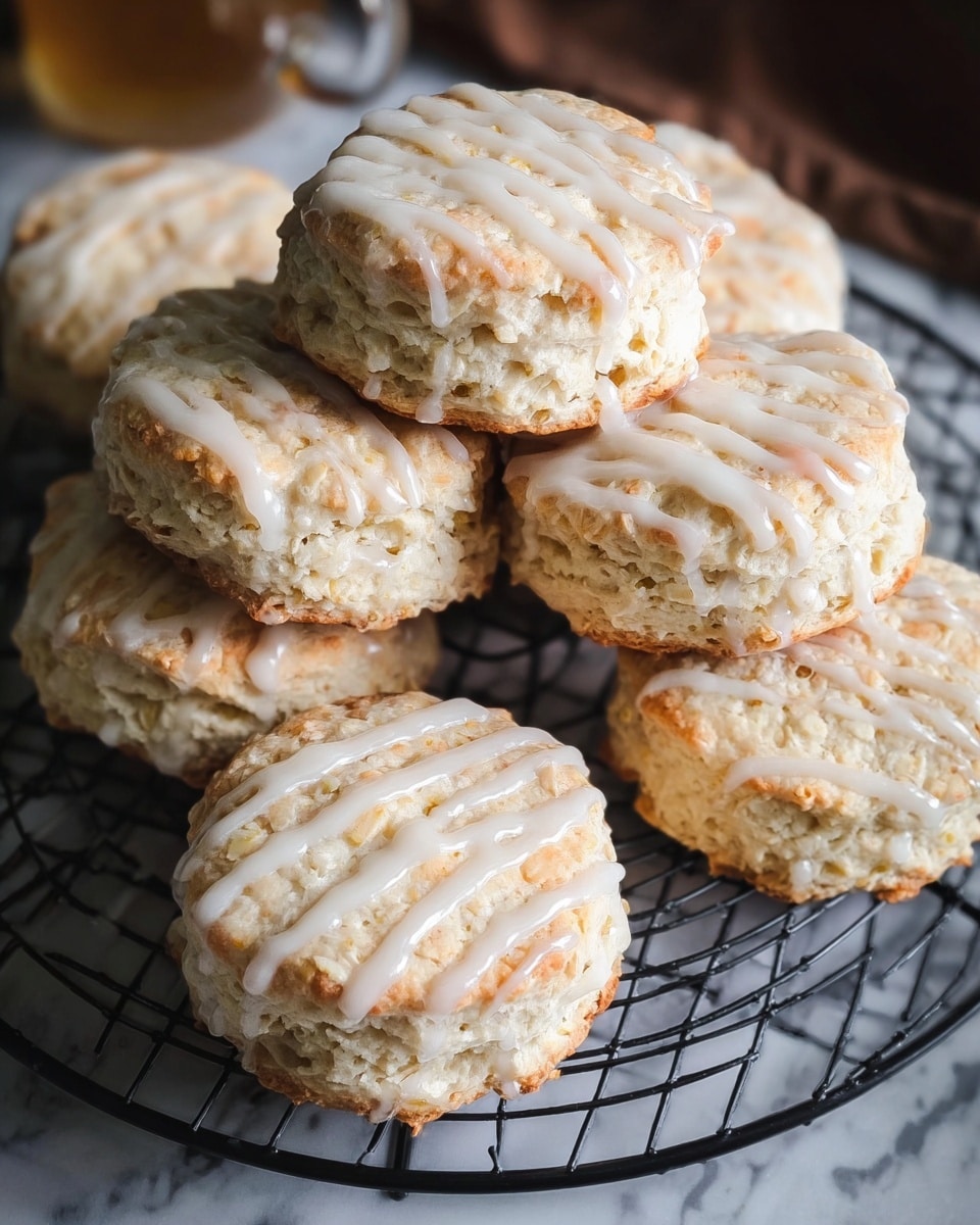 The image shows six round, golden-baked scones with a rough, crumbly texture stacked on a black cooling rack. Each scone is drizzled with a thin layer of white icing in a crisscross pattern, adding a glossy contrast on the slightly cracked surface. The scones have a light brown color on top with soft, pale sides showing their flakes and air pockets. The scene is set on a white marbled texture that adds subtle light reflection and a clean background to the warm tones of the scones. photo taken with an iphone --ar 4:5 --v 7