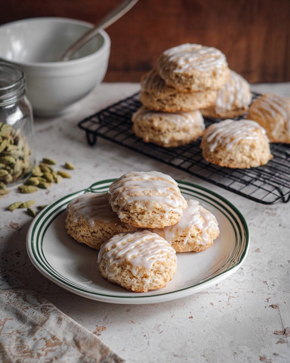 The image shows a set of round, golden-baked scones with light frosting drizzled on top, placed on a white oval plate with thin green stripes on the edge in the foreground. Behind the plate, several scones are stacked on a black wire cooling rack, all with rough, textured surfaces and topped with the same white glazing. To the side, there is a white mixing bowl with a spoon inside it and some green cardamom pods spilled next to an open glass jar. The setting is on a white marbled textured surface, giving a clean and warm feeling. Photo taken with an iphone --ar 4:5 --v 7