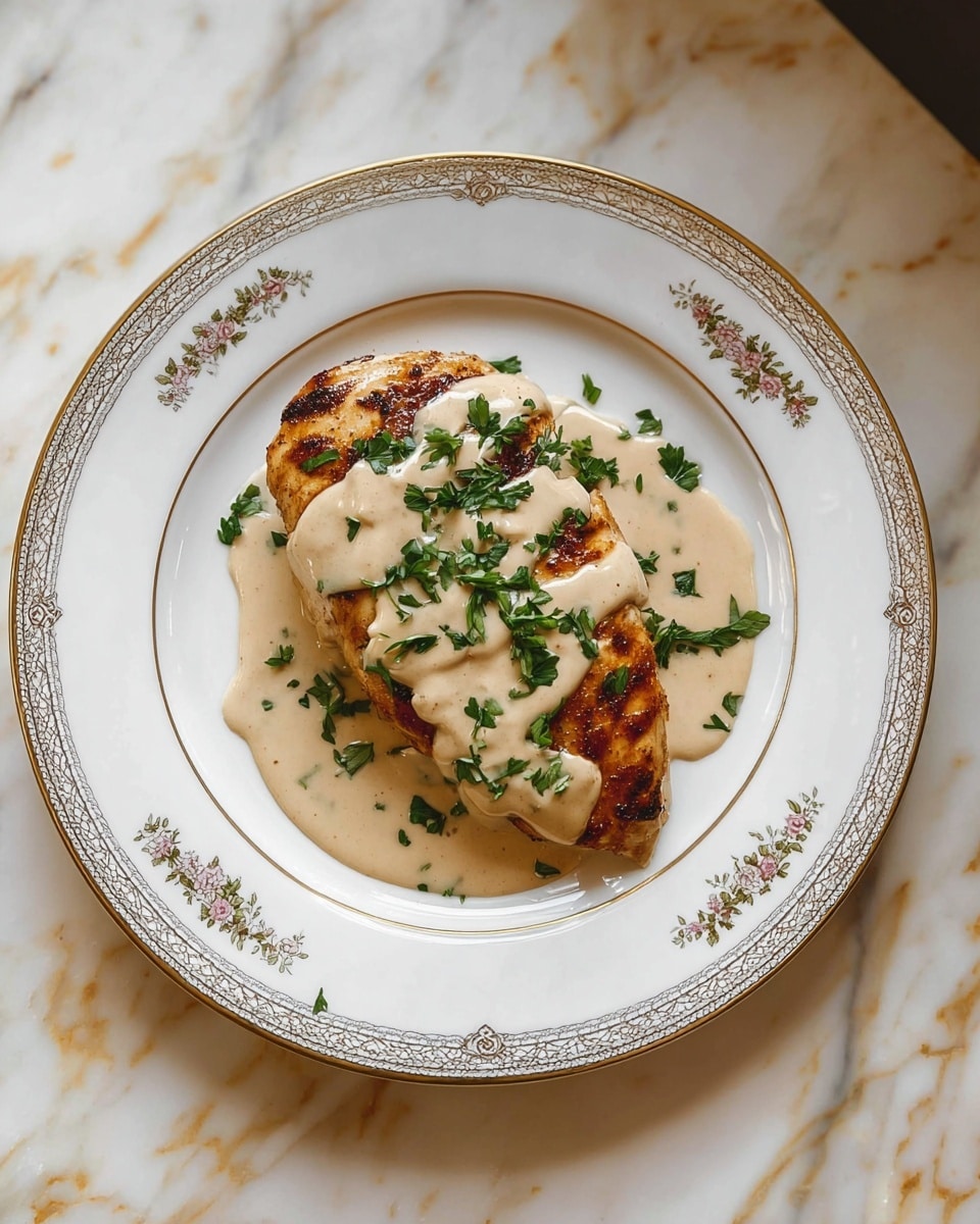 A golden-brown piece of grilled chicken breast rests in the center of a white plate with a delicate floral gold rim. The chicken is covered with a creamy beige sauce that flows slowly around and on top of it in an uneven layer, adding a smooth texture contrast. Fresh green parsley leaves are scattered evenly over the sauce and the plate, giving a fresh look and a pop of green color. The plate sits on a white marbled surface with soft gold veining, enhancing the elegance of the dish. photo taken with an iphone --ar 4:5 --v 7