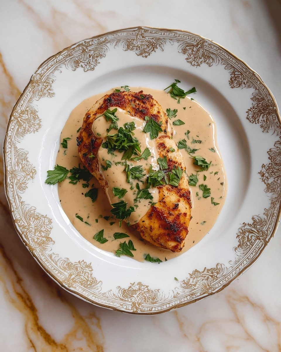 A grilled chicken breast with a browned, slightly crispy texture sits in the center of a white plate with an ornate gold floral rim, covered with a smooth, creamy beige sauce that drips slightly over the edges. Fresh green parsley leaves are scattered on top and around the chicken, adding a pop of color and freshness. The plate rests on a white marbled surface with light brown and gold veining, enhancing the elegance of the presentation. photo taken with an iphone --ar 4:5 --v 7
