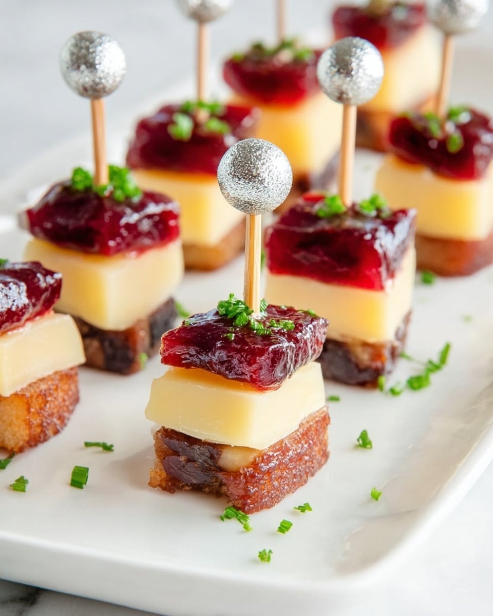 Small bite-sized snacks are lined up on a large white plate sitting on a white marbled surface. Each snack is made of three layers: a bottom layer of brown dried fruit, a middle layer of a pale yellow cheese square, and a top layer of deep red jelly or jam. A bamboo skewer with two shiny silver beads runs through all three layers, holding them in place. Small green herb pieces are scattered lightly around the snacks, adding a touch of color to the clean white background. Photo taken with an iphone --ar 4:5 --v 7