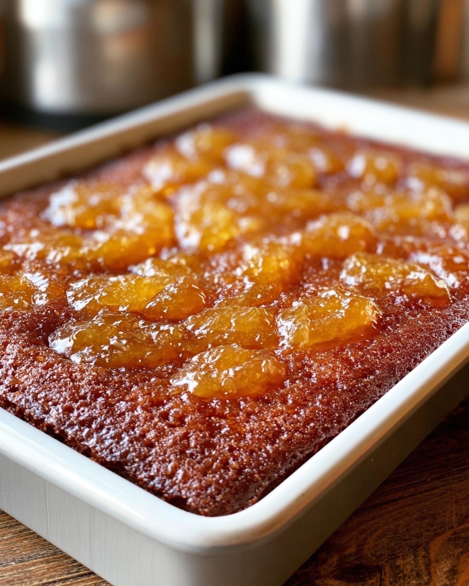 The image shows a square baked dessert in a white baking tray, featuring one thick base layer of soft brown cake with a slightly crumbly texture around the edges, topped with a golden, glossy layer of chunky fruit jam or preserves that look sticky and shiny, spread unevenly across the surface with small raised pockets. The tray is resting on a wooden surface with a blurred background suggesting a kitchen. Photo taken with an iphone --ar 4:5 --v 7