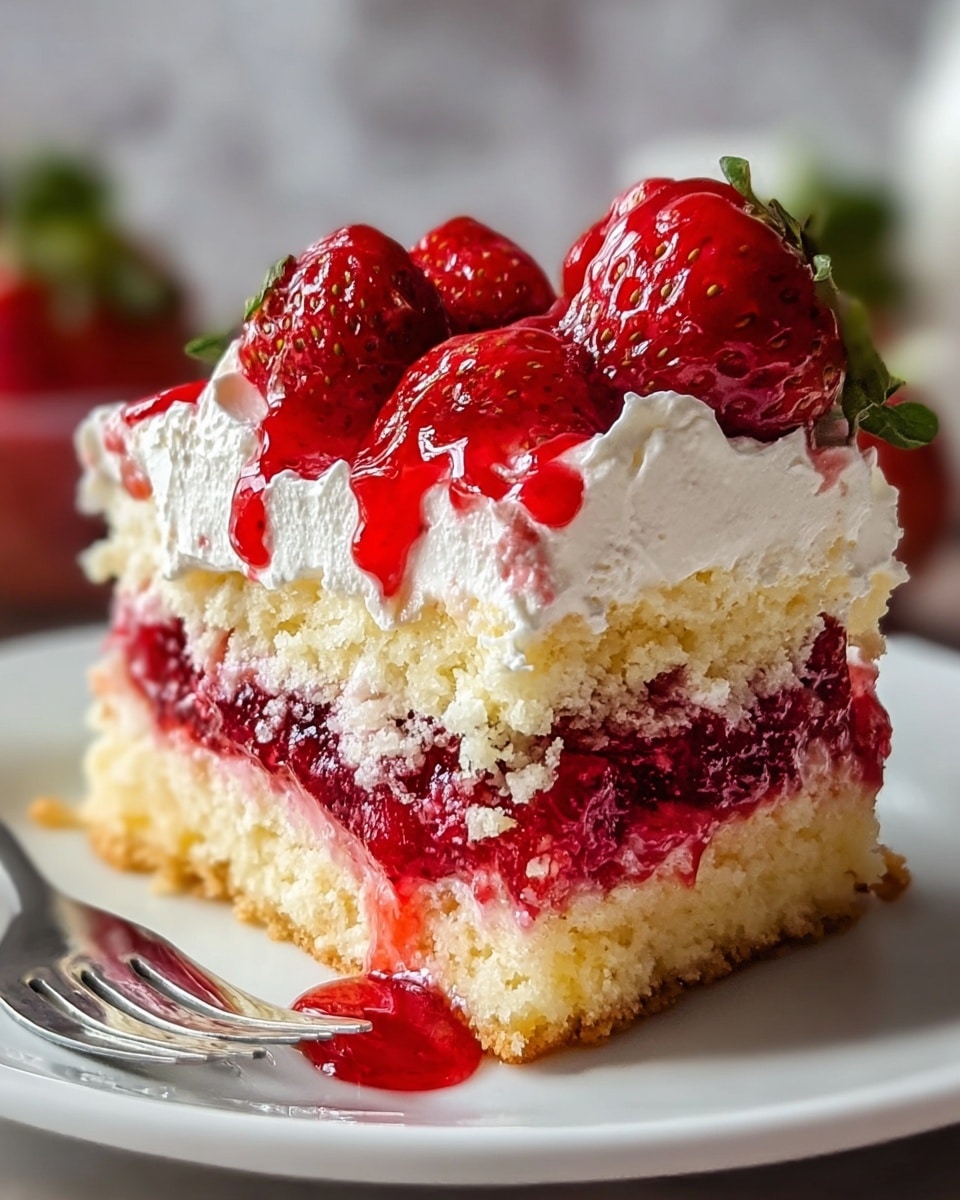 A close-up image of a dessert slice on a white plate showing three distinct layers: the bottom layer is a light yellow crumbly cake base, the middle layer is a vibrant red, slightly chunky strawberry filling, and the top layer is thick, fluffy white cream. On top of the cream, there are several bright red whole strawberries and glossy red strawberry sauce dripping slightly over the edges. A small drop of red sauce is on the plate near a fork placed to the left of the dessert. The background has a soft blur with a white marbled texture visible. Photo taken with an iphone --ar 4:5 --v 7