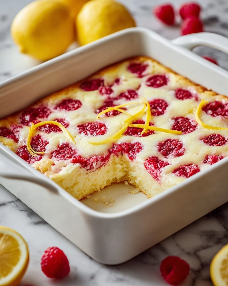 A white square baking dish holds a two-layer dessert with a thick, pale yellow base layer that looks soft and fluffy. The top layer is a creamy, slightly browned custard with bright red raspberries embedded evenly across the surface, creating a dotted pattern. Thin yellow lemon peel strips are placed on top, adding a fresh color contrast. A corner piece has been cut out, revealing the soft, moist texture inside. The dish sits on a white marbled surface with whole and halved lemons and some scattered raspberries blurred in the background. photo taken with an iphone --ar 4:5 --v 7