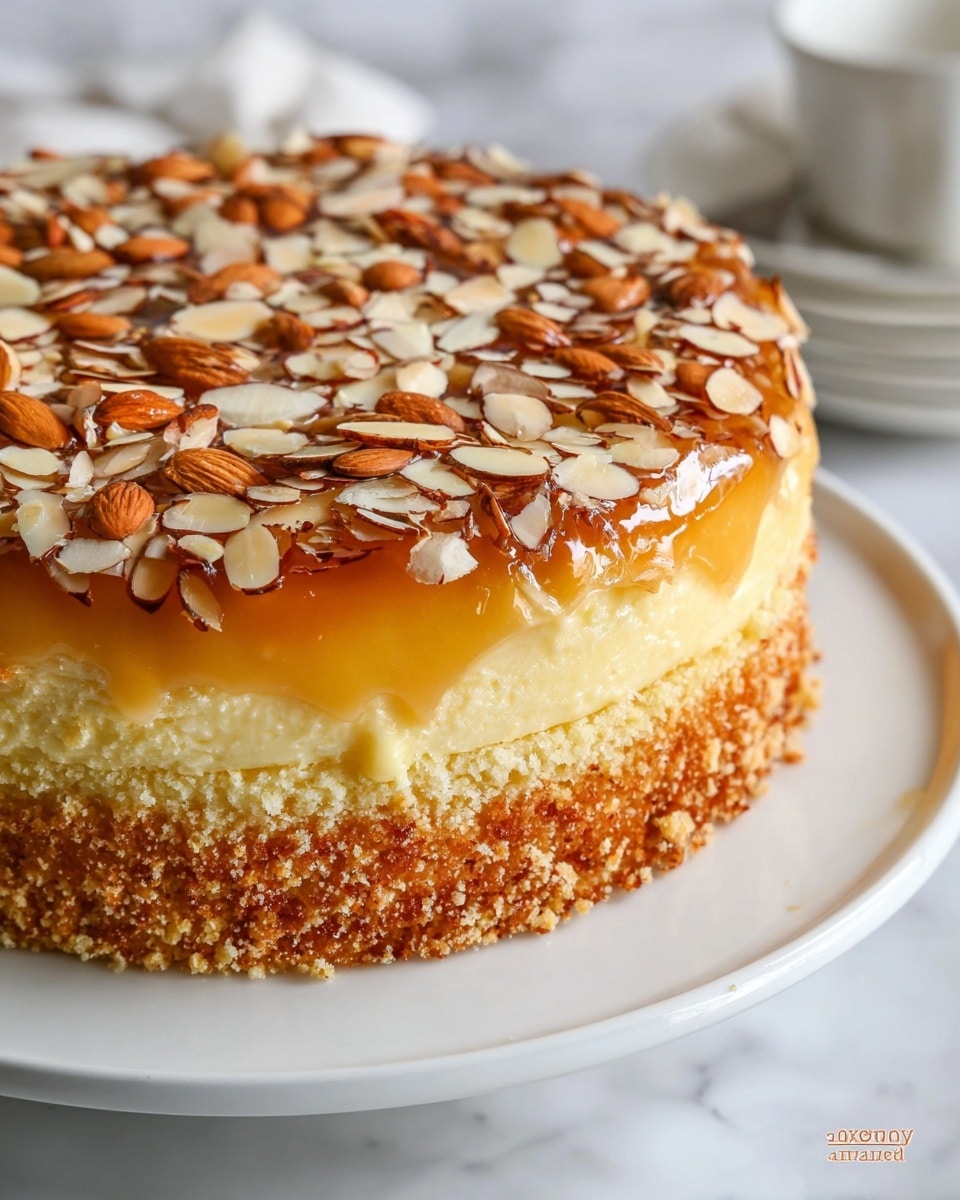 A slice of cake with three main layers sits on a white plate over a white marbled surface. The bottom and top layers are golden yellow sponge cake with a soft texture. The middle layer is thick and creamy, pale yellow in color, smooth and rich. The cake is topped with a layer of thinly sliced toasted almonds that add a crunchy texture. The background is softly blurred with warm light. Photo taken with an iphone --ar 4:5 --v 7