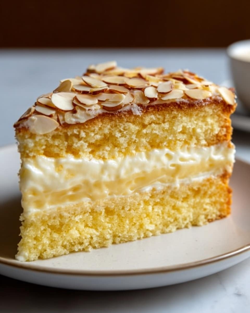 This is a two-layer round cake on a white plate, placed on a white marbled surface. The bottom layer is a light golden-brown sponge cake with a crumbly texture around the edges. The middle layer is a thick, creamy, pale yellow custard filling. The top layer is another golden-brown sponge cake, covered with a shiny caramel glaze topped with a generous amount of whole and sliced almonds spread evenly across the surface. Photo taken with an iphone --ar 4:5 --v 7