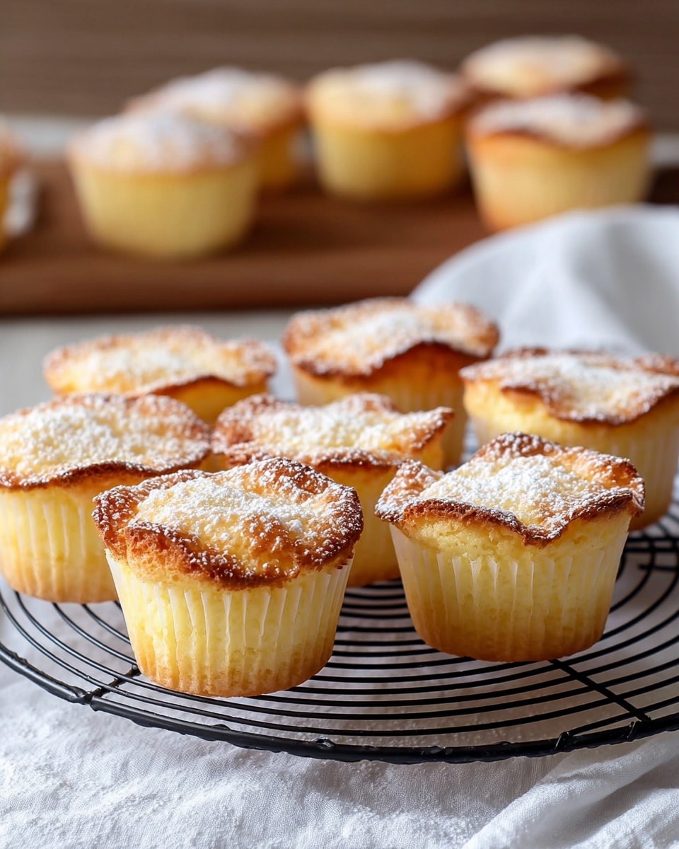 A group of nine small cupcakes arranged in three rows on a round black wire cooling rack, each cupcake showing a light yellow base with a soft, fluffy texture and a golden-brown top with a slightly crisp, uneven edge. The tops are dusted with fine white powdered sugar, adding a light contrast to the warm brown color. The cupcakes are sitting on a white cloth that covers a wooden table, and the background shows more cupcakes in soft focus. The entire scene is set on a white marbled surface. photo taken with an iphone --ar 4:5 --v 7