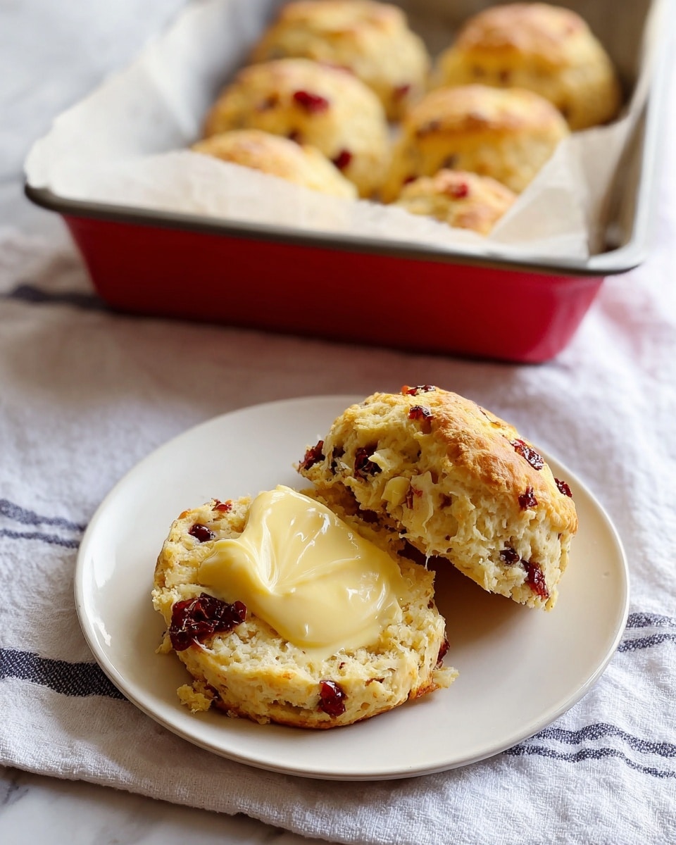 The image shows a small loaf pan lined with white parchment paper, holding five round, thick biscuit-like pieces arranged upright in a row. Each biscuit is golden brown with a rough, crumbly texture and has small red bits scattered inside, suggesting pieces of fruit or pepper. The loaf pan sits on a white marbled surface with a white cloth that has thin black stripes underneath it. The scene has soft natural light highlighting the texture of the biscuits and the metal of the pan. Photo taken with an iphone --ar 4:5 --v 7
